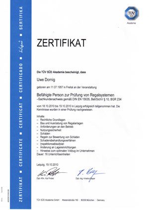 Zertifikat Regalinspektion
